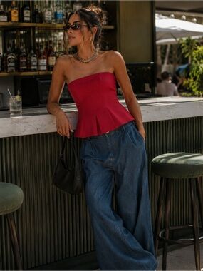 RACHEL Rachel Roy Strapless Red Pleated Peplum Top